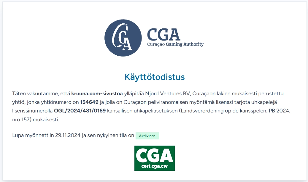 Kruunan aktiivinen Curaçao Gaming Authority -käyttötodistus ja lisenssi OGL/2024/481/0169