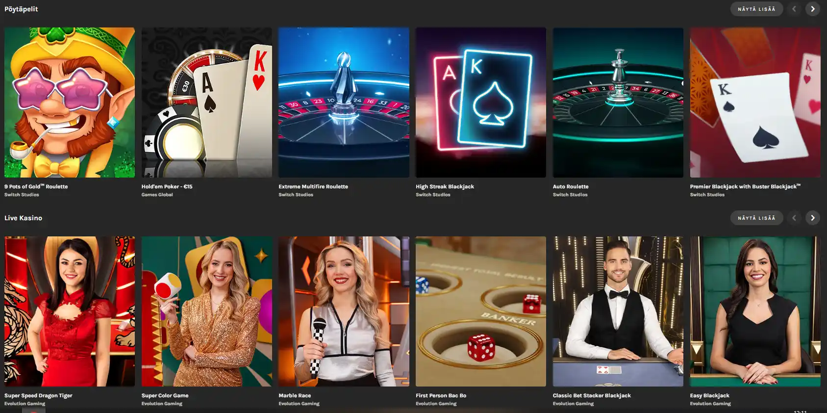 Kruunan pöytäpelit ja live-kasinon blackjack-, ruletti- ja pelishow-pelit