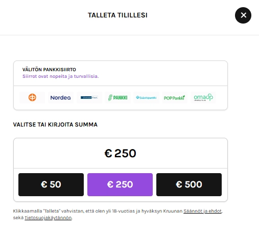 Kruunan talletusnäkymä ja talletussumman valinta